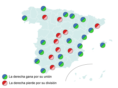 Provincias donde la unión de PP y Vox beneficia a la derecha y donde su división perjudica