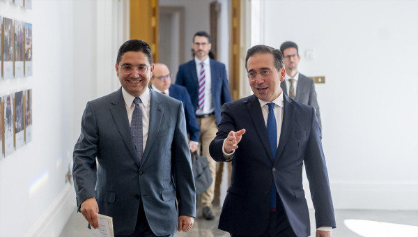 Los ministros Albares y Bourita a la salida de la reunión que han mantenido este Jueves Santo