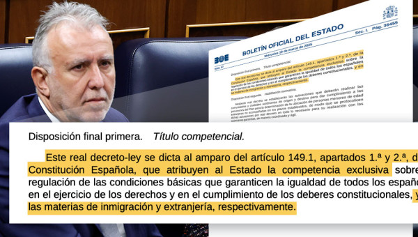 Montaje con el ministro Torres y el texto del real decreto ley sobre los menores extranjeros
