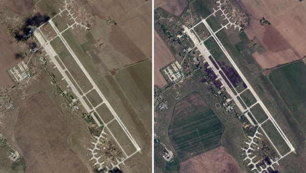 Esta combinación de imágenes satelitales, publicadas el 2 y el 4 de junio de 2025 por Planet Labs PBC, muestra la base aérea de Belaya, en Siberia oriental, captada el 17 de mayo de 2025 (izquierda) y el 4 de junio de 2025 (derecha)