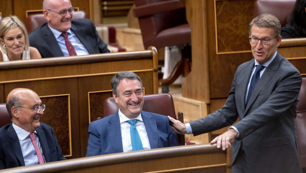 El líder del PP, Alberto Núñez Feijóo, junto al presidente del PNV, Aitor Esteban, ambos en el Congreso