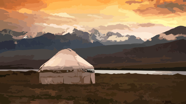 Ilustración de una Yurta, una vivienda tradicional de Mongolia, en la estepa Mongola