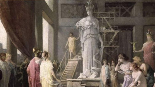 Pintura de Hector Leroux (1682–1740) que retrata a Pericles y Aspasia admirando la gigantesca estatua de Atenea, en el estudio de Fidias.