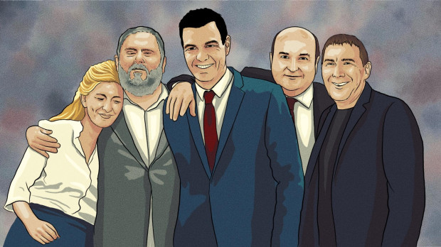 Sánchez junto a sus socios: Díaz, Otegi, Junqueras y Ortuzar