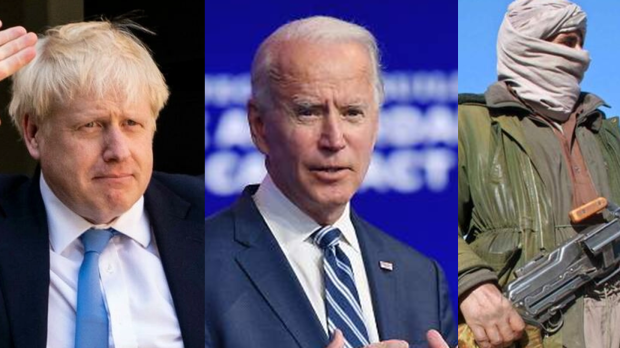 El presidente ruso Vladimir Putin; el primer ministro de Reino Unido Boris Johnson; el presidente de Estados Unidos Joe Biden; un militar del Talibán afgano