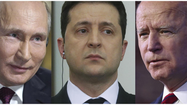 El presidente ruso, Vladimir Putin; el ucraniano, Volodímir Zelenski; y el estadounidense, Joe Biden