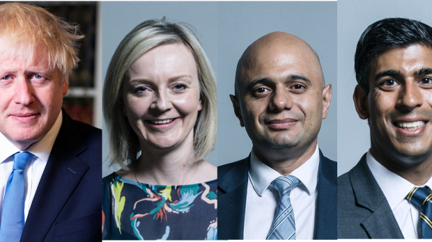 El primer ministro Boris Johnson junto a sus posibles sucesores; Liz Truss, Sajid David, y Rishi Sunak