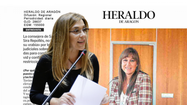 Montaje de Ana Alós (PP) frente a la portada de la entrevista de Repollés (PSOE)