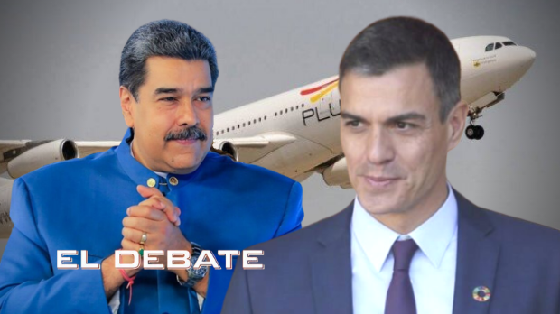 El presidente venezolano, Nicolás Maduro, y el presidente español, Pedro Sánchez. Al fondo, un avión de Plus Ultra