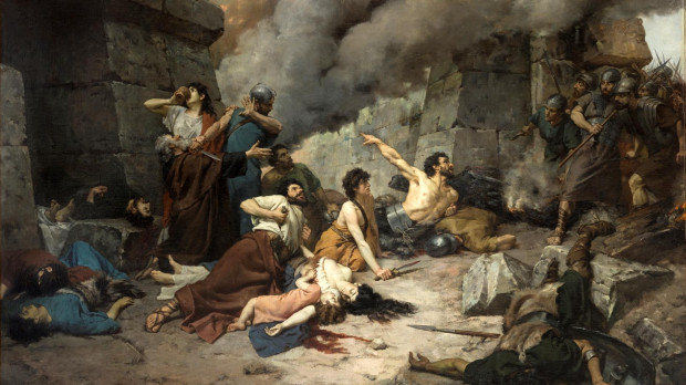 La obra representa el momento en que los últimos defensores de la ciudad hispana de Numancia se dieron muerte a sí mismos a fin de impedir que fueran capturados vivos por los romanos, que en esta obra aparecen entrando en la ciudad mientras los numantinos se suicidan
