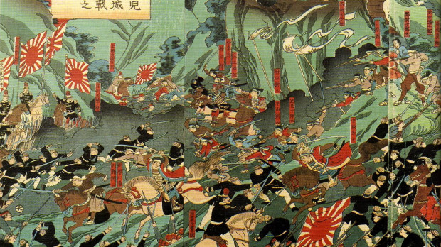 Ilustración japonesa de la Batalla de Shiroyama. Saigō Takamori figura en la imagen con uniforme rojo y negro comandando sus tropas en el extremo superior derecho