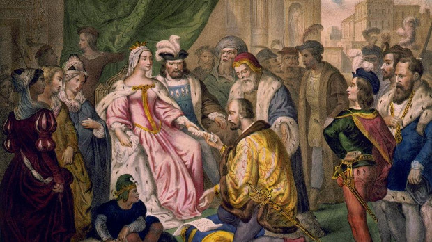 Cristóbal Colón ante los Reyes Católicos en la corte de Barcelona (V. Turgis, siglo xix)