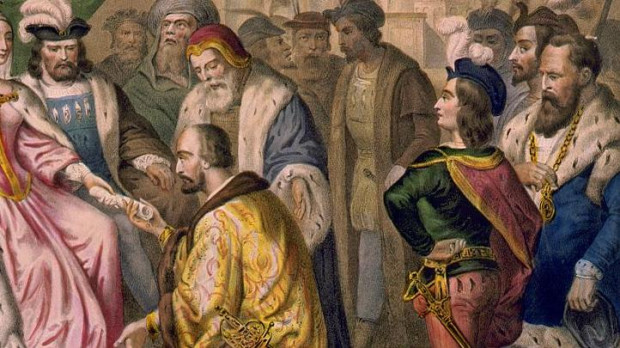 Cristóbal Colón ante los Reyes Católicos en la corte de Barcelona (V. Turgis, siglo xix)