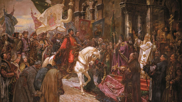 Representación decimonónica de la entrada de Jmelnitski en Kiev, desde donde gobernó los territorios sublevados contra Polonia-Lituania