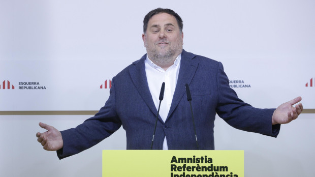 El líder de ERC, Oriol Junqueras, en una rueda de prensa sobre el espionaje