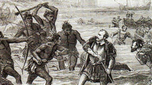 Muerte de Magallanes en la batalla de Mactán (grabado del siglo XIX)