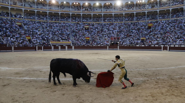 El diestro Alejandro Talavante entra a matar durante la corrida de la Feria de san Isidro celebrada este sábado