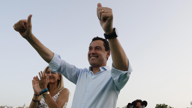 El presidente de la Junta de Andalucía y candidato a la reelección por el PP, Juanma Moreno