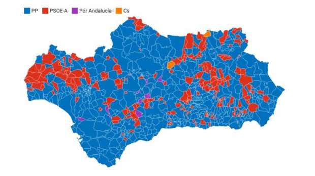 El Partido Popular ganó en el 72 % de las localidades de Andalucía, por un 26 % en las que se impuso el PSOE