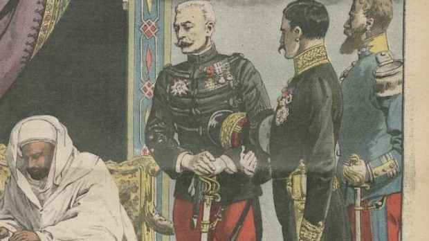 Una ilustración de Abd al-Hafid firmando el Tratado de Fez en la portada del Supplément illustré semanal de Le Petit Journal (1912)