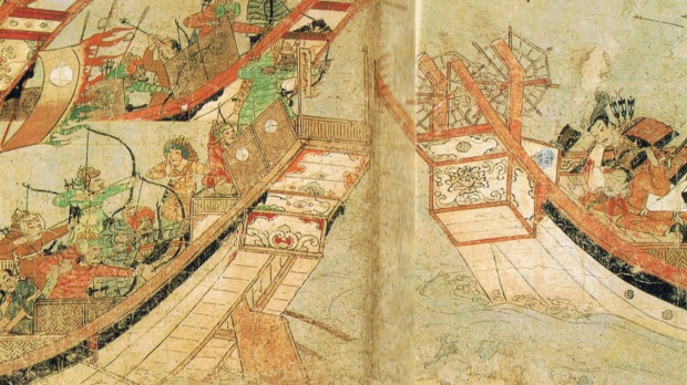 Samurai abordando barcos de la segunda flota de invasión de Mongolia, matando a los soldados mongoles a bordo, 1281