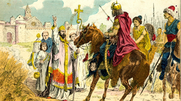 San Lupo detiene a Atila ante Troyes (451). Litografía en color de E. Crété sobre una ilustración de H. Grobet, Histoire de France, París, Émile Guérin, 1902.