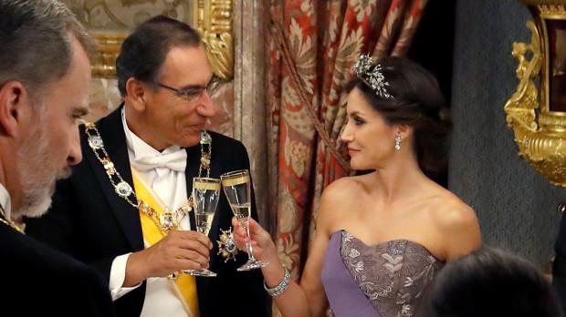Spanish King Felipe VI and Queen Letizia with Peru President Martin Alberto Vizcarra Cornejo and wife Maribel Diaz during a gala dinner at the Royal Palace, in Madrid, due to the official trip of Peru President to Spain, on Wednesday 27 Febrary 2019