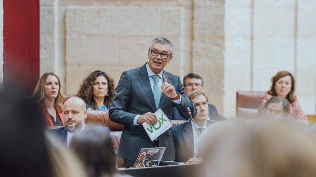 El portavoz de Vox en Andalucía, Manuel Gavira, durante su intervención en el Parlamento autonómico