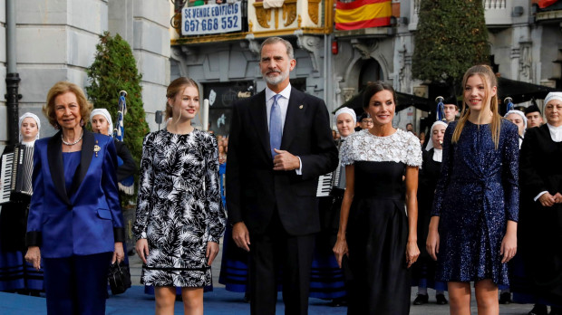 Spanish King Felipe VI and Queen Letizia with daughters Princess of Asturias Leonor de Borbon and Sofia de Borbon and Queen Sofia during the Princess of Asturias Awards 2022 in Oviedo, on Friday 29 October 2022.