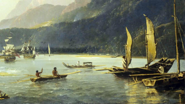 William Hodges : Resolución y aventura con un barco de pesca en la bahía por Matawai ( Tahití ), Óleo sobre lienzo, 1776