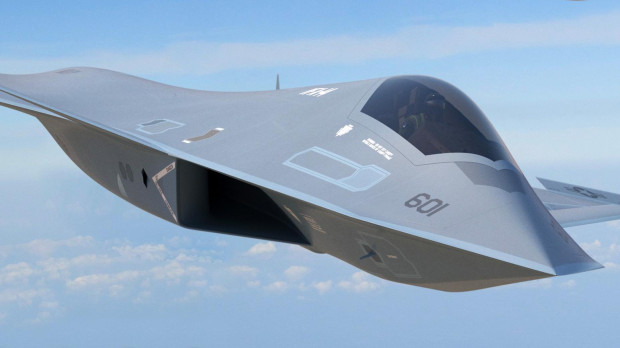 Imagen de un futurista caza de sexta generación, con un diseño aerodinámico