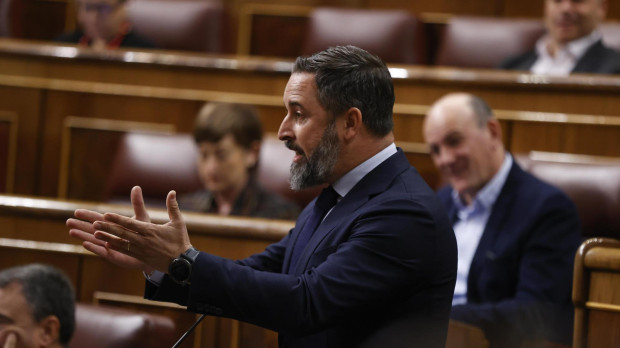 El líder de Vox, Santiago Abascal, durante su intervención en la sesión de control al Gobierno en el Congreso