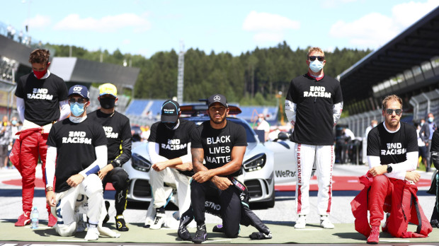Lewis Hamilton and drivers take a knee n support of the Black Lives Matter movement before the Austrian Formula One Grand Prix race at the Red Bull Ring racetrack in Spielberg, Austria, Sunday, July 5, 2020. (