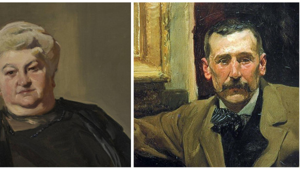 Emilia Pardo Bazán, retratada por Joaquín Sorolla en 1913 y Benito Pérez Galdós, pintado por el mismo pintor en 1894