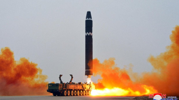 This picture taken on February 18, 2023 and released from North Korea's official Korean Central News Agency (KCNA) on February 19, 2023 shows test-firing of the intercontinental ballistic missile (ICBM) "Hwasong-15", at Pyongyang International Airport. (Photo by STRINGER / KCNA VIA KNS / AFP) / South Korea OUT / ---EDITORS NOTE--- RESTRICTED TO EDITORIAL USE - MANDATORY CREDIT "AFP PHOTO/KCNA VIA KNS" - NO MARKETING NO ADVERTISING CAMPAIGNS - DISTRIBUTED AS A SERVICE TO CLIENTS / THIS PICTURE WAS MADE AVAILABLE BY A THIRD PARTY. AFP CAN NOT INDEPENDENTLY VERIFY THE AUTHENTICITY, LOCATION, DATE AND CONTENT OF THIS IMAGE --- /