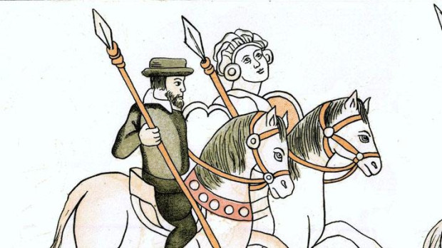 Jinete identificable con María de Estrada, cabalgando con Hernán Cortés. Lienzo de Tlaxcala