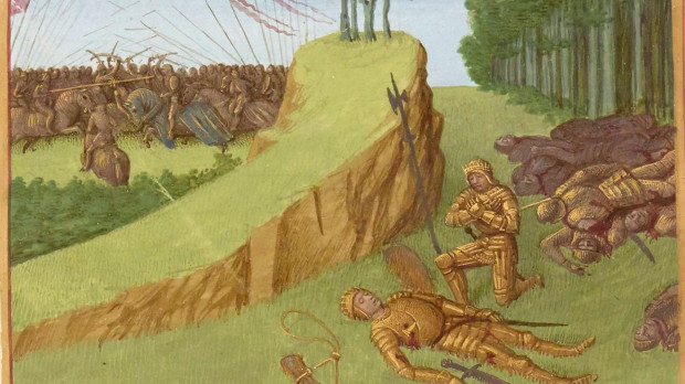 Cuadro que muestra la muerte de Roldán, obra de Jean Fouquet, y que ilustra la portada de la obra