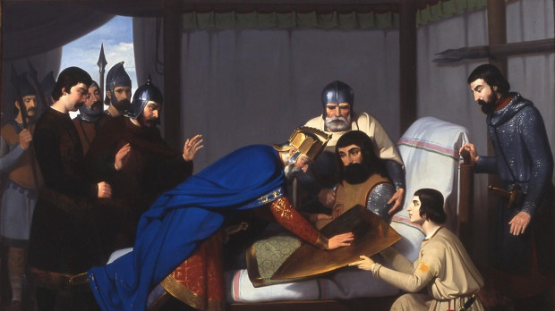 Atendiendo a la leyenda, Claudi Lorenzale pinta (1843-1844) el momento en que Carlos el Calvo con la sangre de la herida de Wifredo en sus dedos crea las cuatro barras del escudo de armas del condado de Barcelona