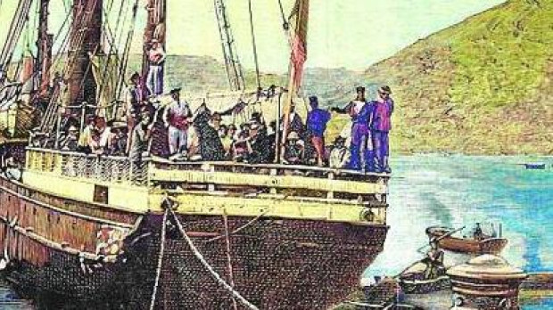 Dibujo del periódico La Ilustración: llegada a Cartagena del barco Correo de Cartagena con repatriados de Orán (1881)