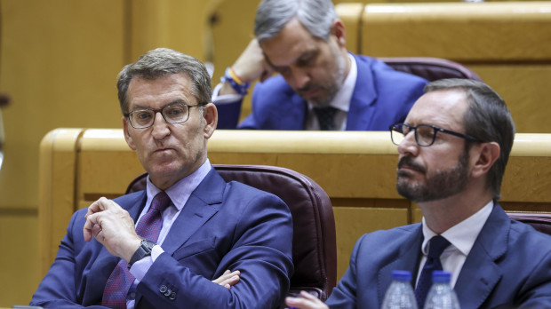 Alberto Núñez Feijóo y Javier Maroto, en sus escaños