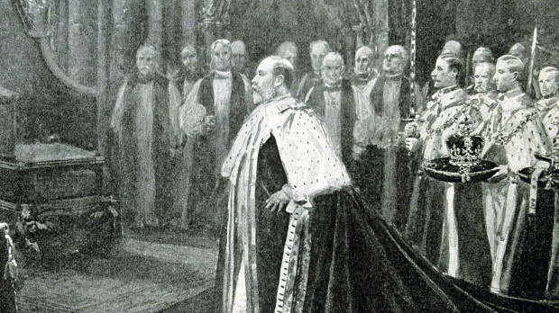 EDUARDO VII REY DE GRAN BRETAÑA . 1841 - 1910 " CEREMONIA DE LA CORONACION EN LA ABADIA DE WESTMINSTER " GRABADO DE L' ILLUSTRATION , AÑO 1902