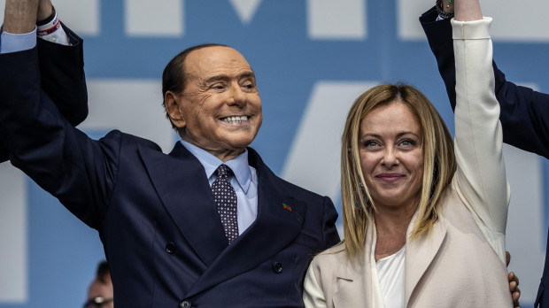 (L-R) Federal Secretary of Italy's Lega Nord party Matteo Salvini, Forza Italia leader Silvio Berlusconi, and leader of the far-right Fratelli d'Italia (Brothers of Italy) party Giorgia Meloni attend their coalition closing campaign rally in Rome. Italy will vote for a new parliament on 25 September 2022. elections parties politics