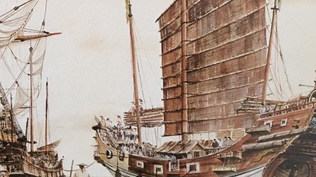 Un galeón español en la costa de Manila, en Filipinas