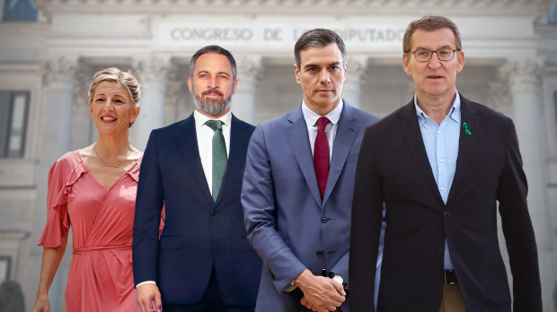 Montaje de Yolanda Díaz, Santiago Abascal, Pedro Sánchez y Alberto Núñez Feijóo