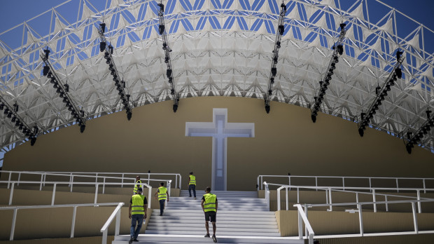 This photograph shows the main stage at the venue for World Youth Day (WYD), where Pope Francis will celebrate the closing mass, in Lisbon on July 31, 2023. Portugal is preparing to welcome Pope Francis and around a million young pilgrims for the World Youth Day (WYD) on August 1 to 6, 2023. (Photo by Patricia DE MELO MOREIRA / AFP)