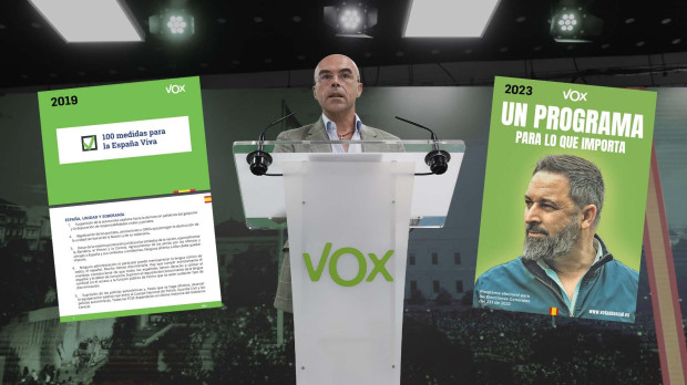 Jorge Buxadé junto a los programas electorales de Vox de 2019 y de 2023