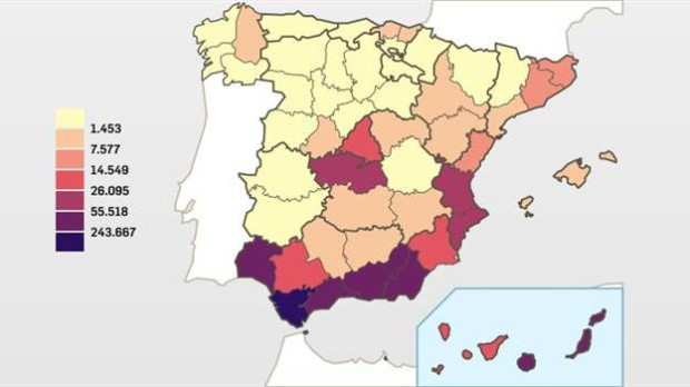 Mapa de las incautaciones totales de droga en España