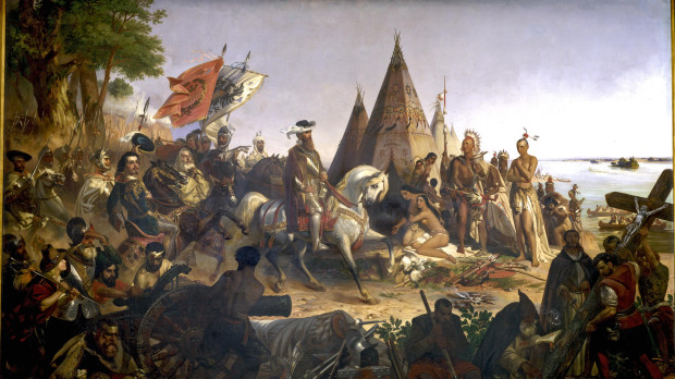 Idealizada recreación en la que Hernando de Soto toma posesión del territorio de la cuenca del Misisipi en nombre de la corona española (1538) (obra de William H. Powell, Rotonda del Capitolio, Washington)
