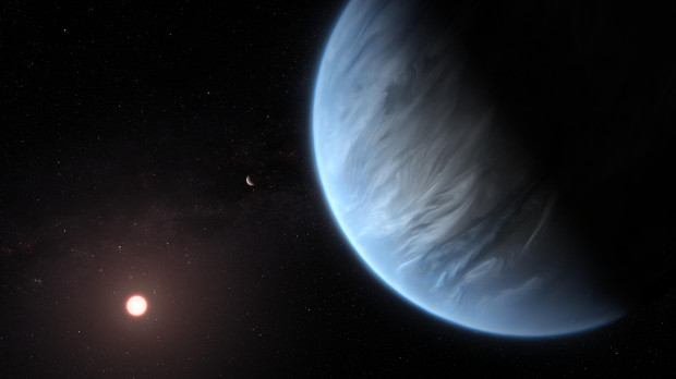 Representación del exoplaneta K2-18 b junto a su estrella