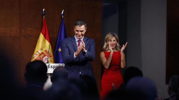 Pedro Sánchez y Yolanda Díaz, durante la presentación del acuerdo